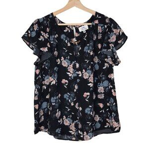 Twine & String Black Floral Flutter Short-Sleeve Top  Size X-Large